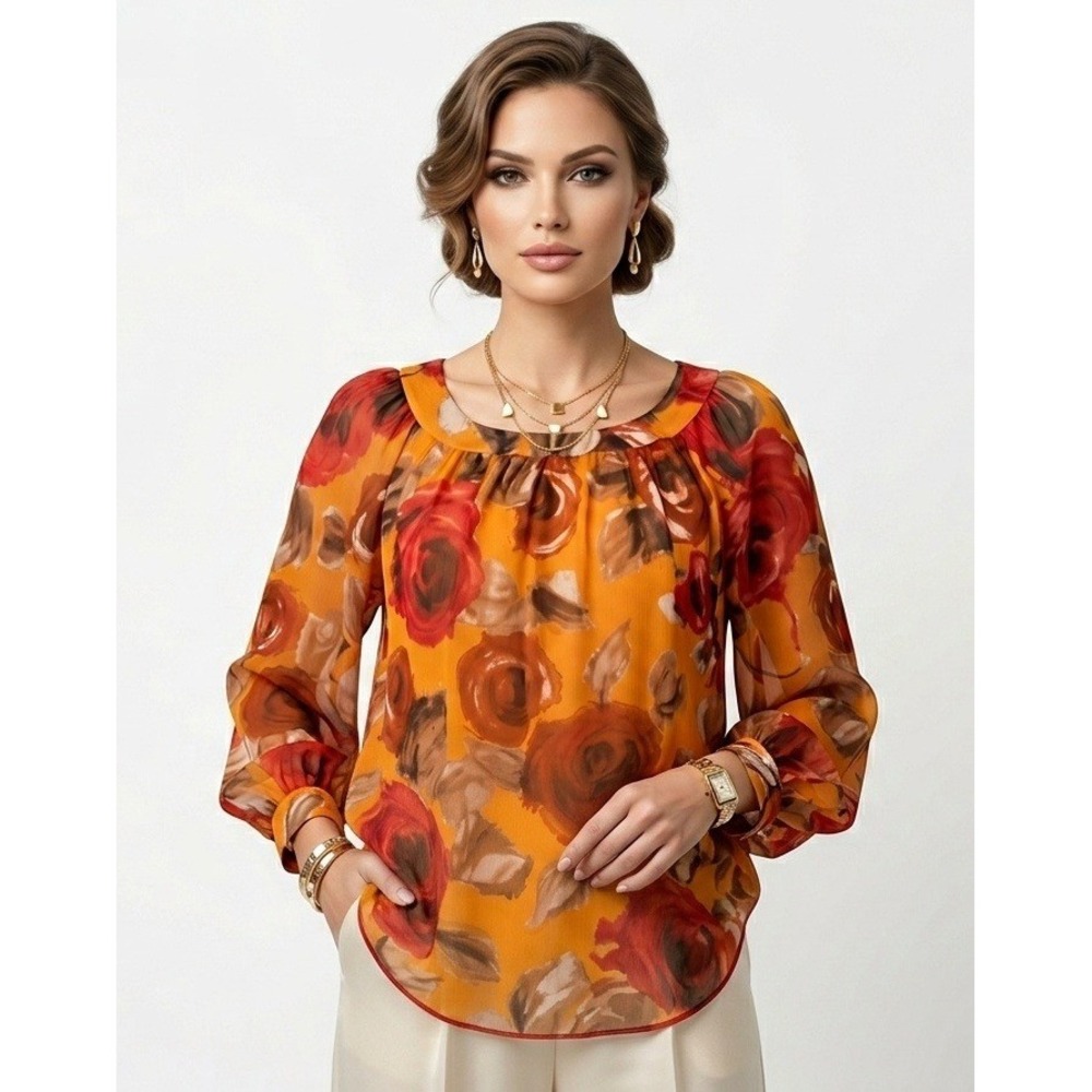St. John Blouse M Orange Silk Floral Watercolor Rose Long Sleeve Luxury Designer